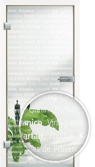 Bild von VSG Glastür Culinaria Schrift Weiss / Fläche klar